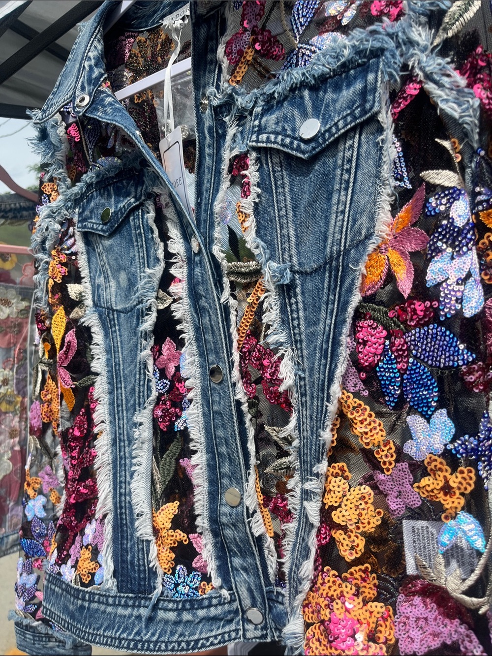 Adore Distressed Denim Jacket with Multicolor Sequin Floral Embroidery